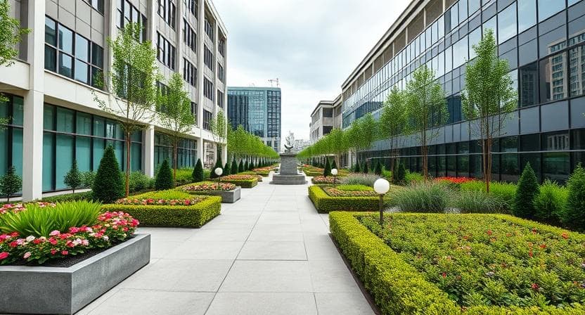 Landscaped garden with flowers and stone pathway