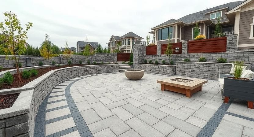 Stone patio and retaining wall